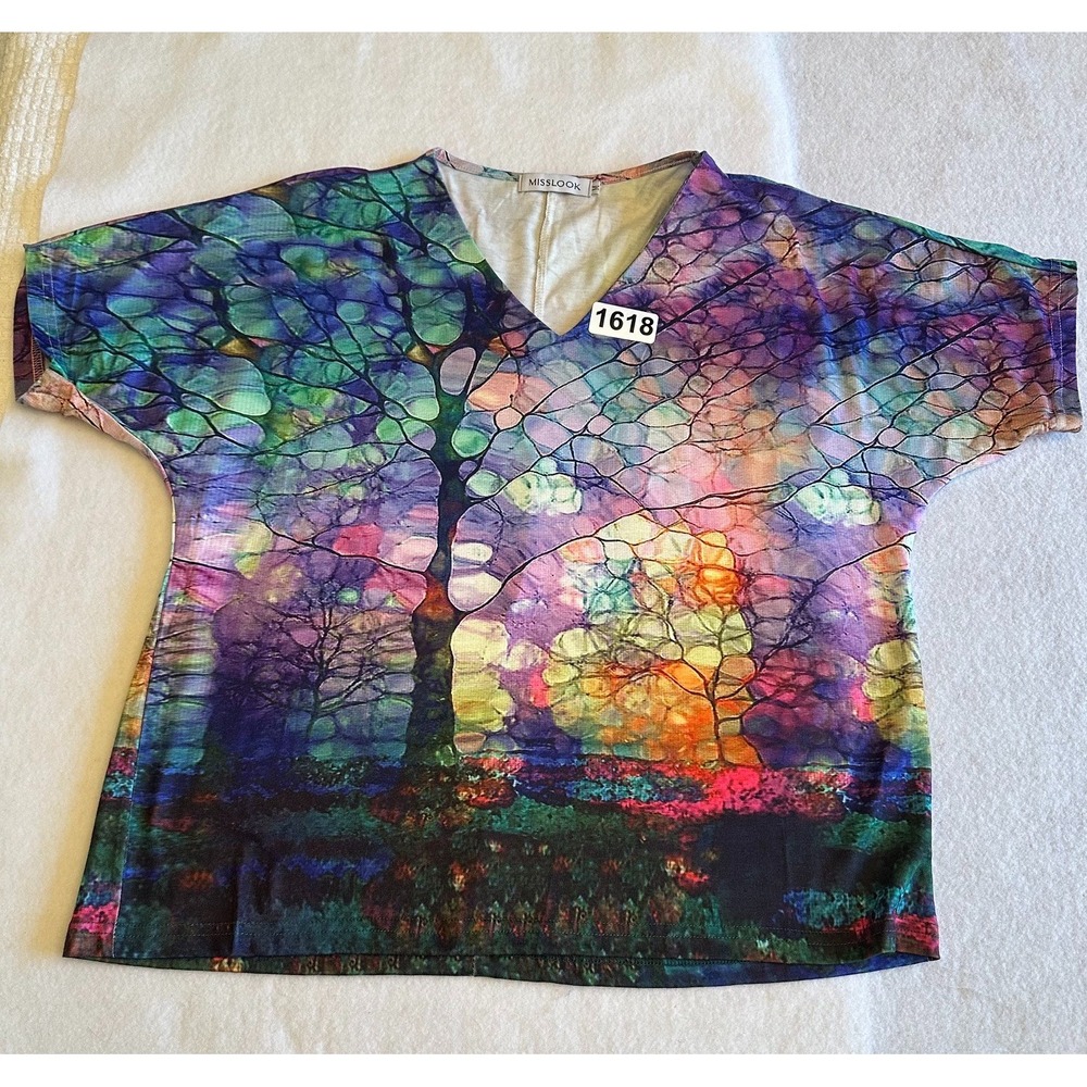 Misslook Multicolor Top Womens Size M Stained Glass Tree Art V Neck Abstract